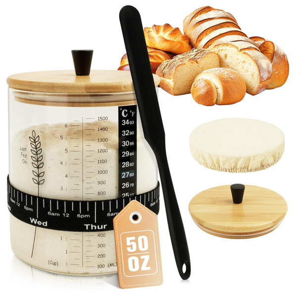 50oz Sourdough Starter Jar, Wide Mouth Sourdough Jar, Large Capacity Sourdough Bread Starter Kit with Lid, Band, Date Tracker, Temp, Sourdough Starter Kit for Sour Dough (1 Pack)
