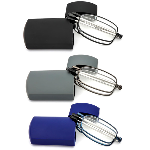 REAVEE 3 Pack Folding Reading Glasses for Men Women, Blue Light Blocking Computer Readers Spring Hinge with Small Compact Case, Black Blue Grey 2.5