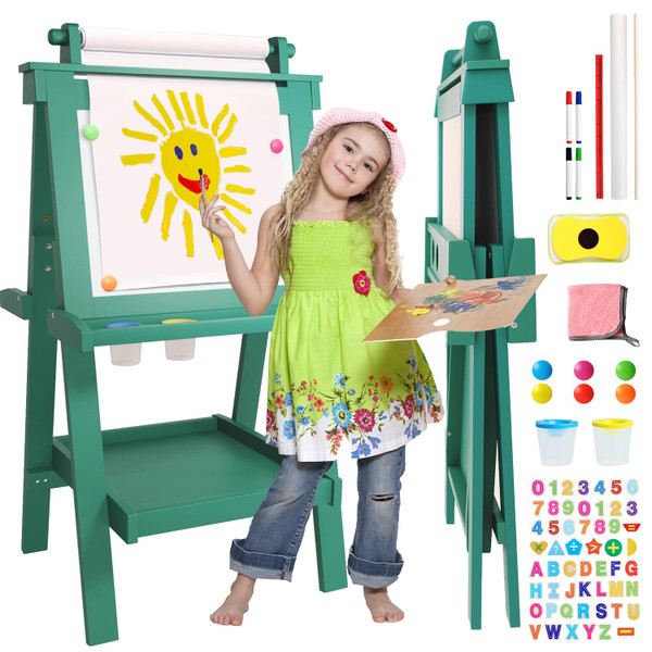 JUZBOT Easel for Kids Deluxe Foldable All-in-1 Toddler Easel with Paper Roll& 84pcs Accessories Magnetic Chalk-Whiteboard Art Center for Kids 3 4 5 6 7 8 Years Old Boys Girls-Green