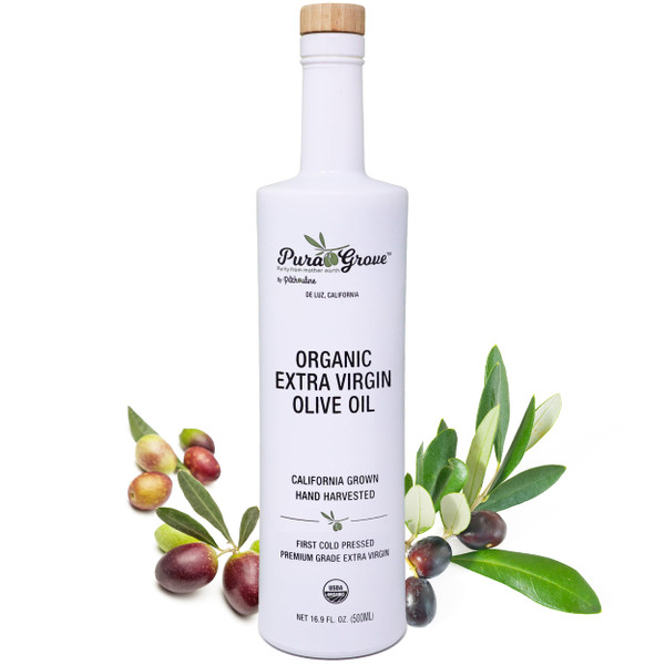 Pura Grove Organic Cold Pressed Extra Virgin Olive Oil Premium Grade - High Polyphenol - Hand Harvested & California Grown - 16.9Oz Opaque Glass Bottle