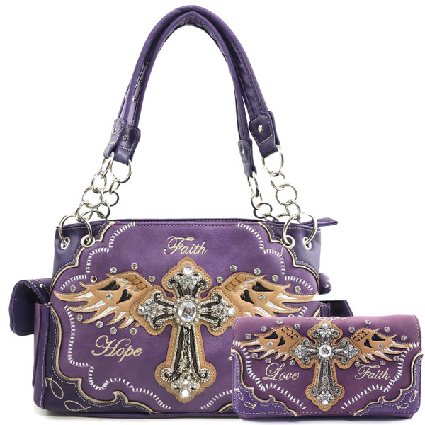 Justin West Women's Concealed Carry Angel Wings Cross Faith Hope Love Western Handbag Tote Purse (Purple Handbag Wallet Set)