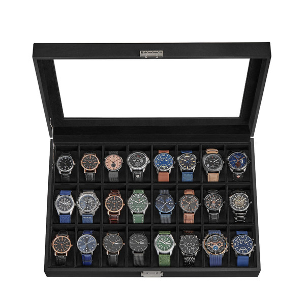SONGMICS 24-Slot Watch Box, Lockable Watch Storage Case with Glass Lid, Christmas Gift, Ink Black Synthetic Leather, Ink Black Lining UJWB024B02