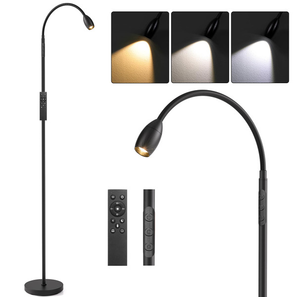 Reading Floor Lamp, 72" Tall LED Lamp with Flexible Gooseneck, Dimmable Zoomable Spotlight, Adjustable Color Beam Standing Lamp, Touch & Remote Control, Task Craft Bedroom Living Room, Matte Black