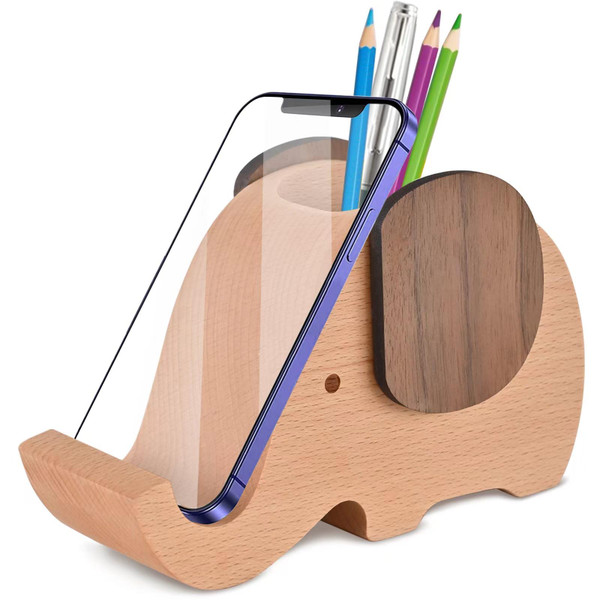 AhfuLife Wooden Elephant Cell Phone Holder/Stand with Pen&Pencil Holder/Pot, Desk Decoration Multi-functional Supplies Stationery Organizer, Christmas Gift Birthday Graduation Gift