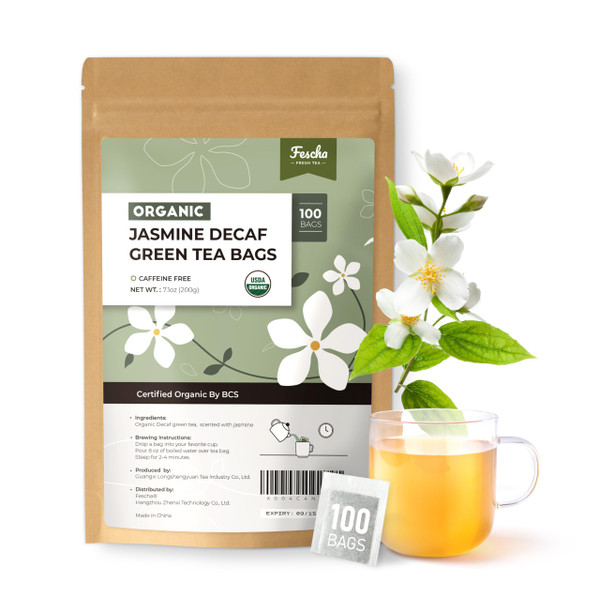 Fescha Organic Decaf Jasmine Green Tea Bags Flower-scented Tea (100-count), Eco-Conscious Tea Bags, Packed by Resealable Kraft Bag