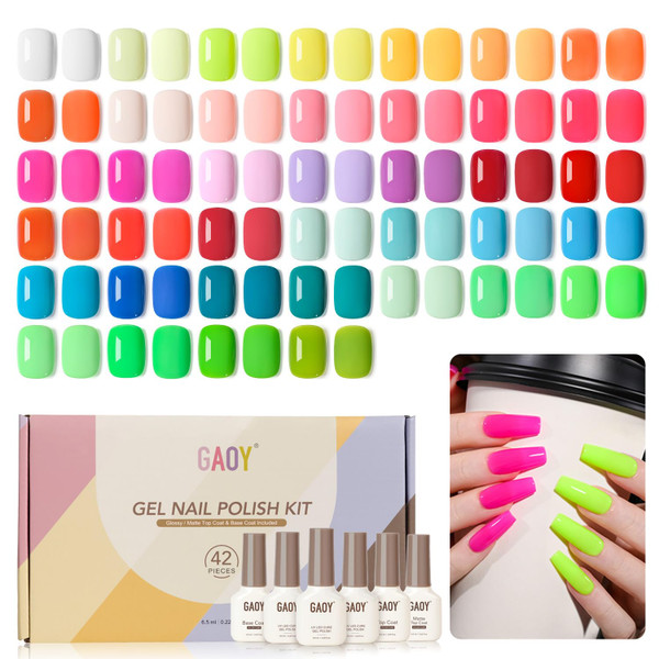 GAOY 42 Pcs Gel Nail Polish Kit, Neon Summer Bright Pink Orange Coral Green Colors Gel Nail Polish Set with Glossy & Matte Top Coat and Base Coat for Salon and DIY Manicure at Home