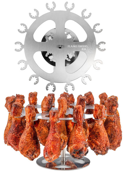 Flame Fingers XL Chicken Grill Rack - Holds 18 Legs, Wings, Thighs, Lollipops or Turkey Drumsticks. Stainless Rotating Design for use on Grills BBQ's Smokers Ovens