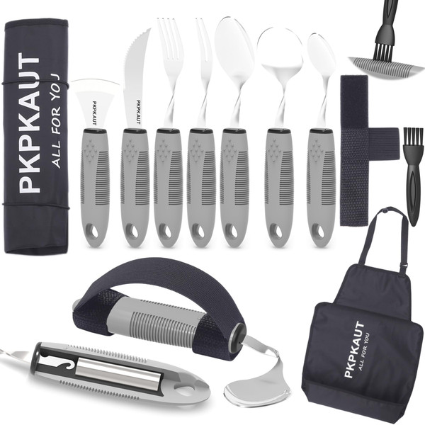 PKPKAUT Adaptive Utensils, Weighted Utensils for Hand Tremors, Parkinsons Utensils for Parkinsons Patients, Adaptive Eating Utensils for Disabled People, Handicap Utensils/Built Up Utensils for Adults