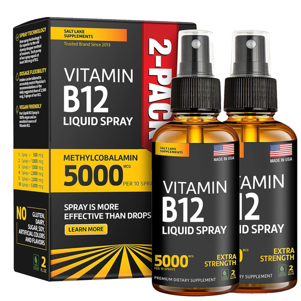 Salt Lake Supplements (2 Pack) - Liquid B12 Spray 5000 mcg - Vitamin B12 Sublingual - Vegan B12 Vitamin Spray - Methylcobalamin Vitamin B12 Liquid Boosts Energy & Mood - Gluten-Free & Non-GMO