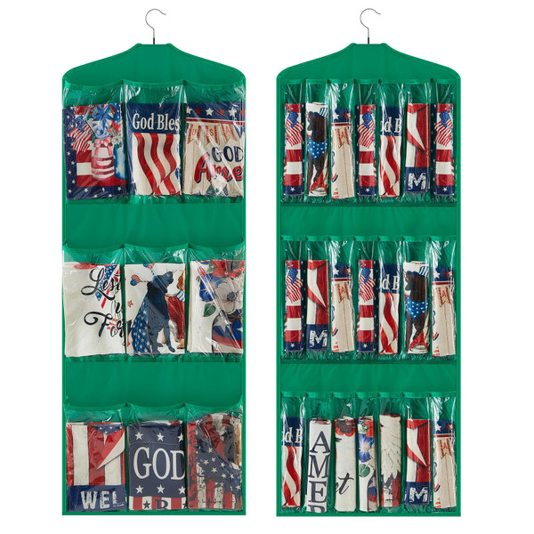 GliCraft Garden Flag Storage Organizer Double Sided Hanging Over Door Storage with 30 Pockets Christmas Flag and Banners Gift Wrap Organizer for Closet Door Porch, Green