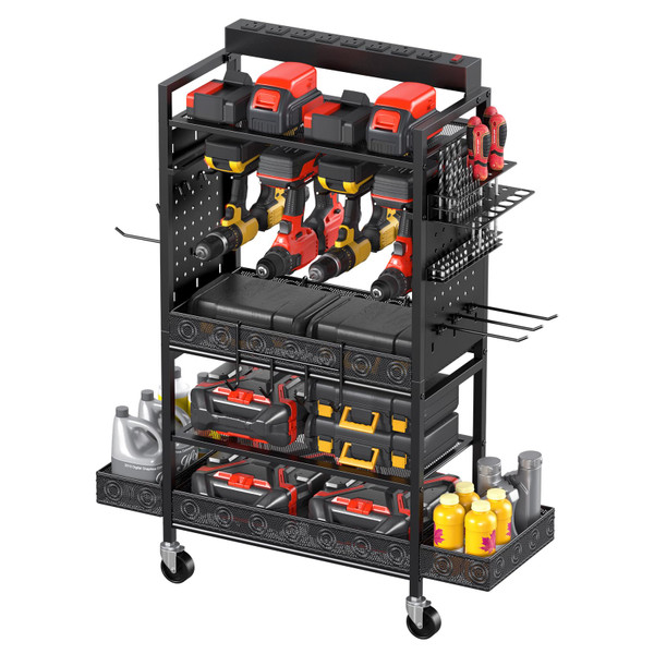 CCCEI Garage Power Tools Organizer Cart with Charging Station, Black Floor Standing Rolling Drill and Tools Battery Storage Cart on Wheels. Black Utility Rack Gift for Men, Husband, Father.