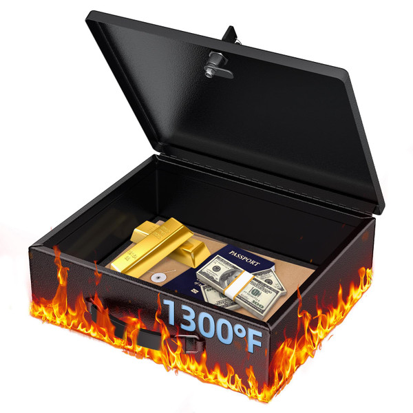 Uniclife Fireproof Document Box with Key Lock & Handle, 13" x 10.9" x 4.1", Large Metal Lock Box for A4 Paper, Water-Resistant Safe Box for Valuables, Passports & Cash, Portable Security Metal Chest