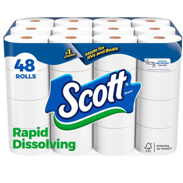 Scott Rapid-Dissolving Toilet Paper, 48 Double Rolls (6 Packs of 8), Septic-Safe, Toilet Paper