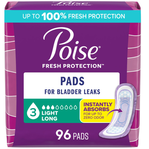 Poise Incontinence Pads & Postpartum Incontinence Pads, 3 Drop Light Absorbency, Long Length, 96 Count (4 Packs of 24), Packaging May Vary Poise Incontinence Pads & Postpartum Incontinence Pads, 3 Drop Light Absorbency, Long Length, 96 Count (4 Packs of 24), Packaging May Vary