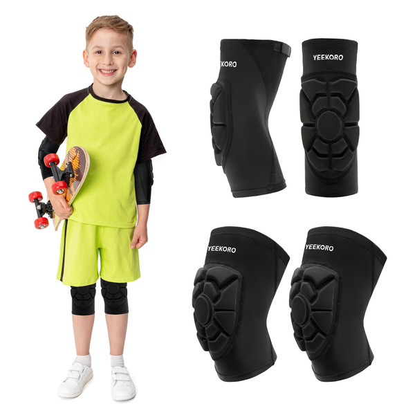 YEEKORO Kids/Youth Knee Pads + Elbow Pads, Compression Support Sleeve with Thickened Pad, Breathable & Lightweight Protective Gear for Basketball Wrestling Football Volleyball Snowboarding Dance(L)
