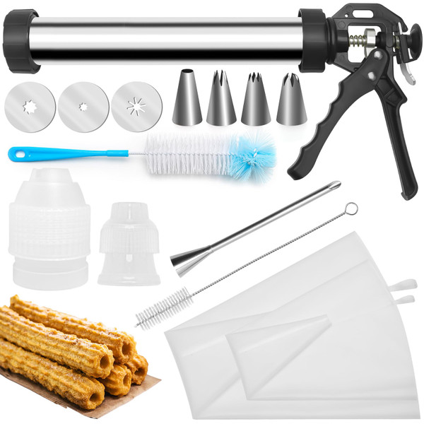Churro Maker Machine, Catcan Churro Maker Kits Including Stainless Steel Churro Maker, Piping Bag with Churro Piping Tip, 4 Nozzles, 2 Brushes, 3 Discs for Homemade Different Shape Churros, Cookie