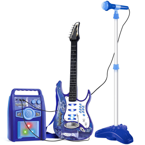 deAO Musical Guitar Play Set,Adjustable Height Microphone,Amplifier Set with Stand,Music Light Karaoke Music Toys Birthday for Kids Boys Girls