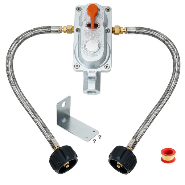Skyflame 2-Stage Auto Changeover RV Propane Regulator, Dual Propane Tank Connection Kit with 2PCS 12-Inch Stainless Steel Braided Hoses for RVs, Trailers, Vans