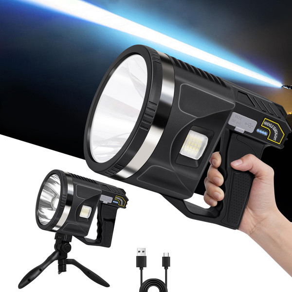 LiangJJ Spotlight 1000000 Lumens, 6 Modes Super Bright LED Rechargeable Spotlight Flashlight with Cob Light, 90° Adjustable Tripod, 24000mAh 25Hrs IPX7 Waterproof Spot Lights Outdoor Handheld, XXL