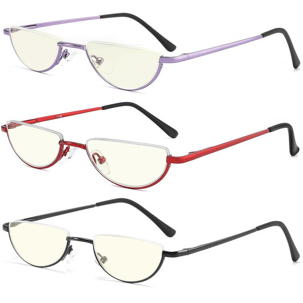 TOVEEN Half Lens Reading Glasses Blue Light Blocking, Half Moon Frame Semi Rim Spring Hinge Readers with Case for Men Women Black/Red/Purple 3 Pack +2.0
