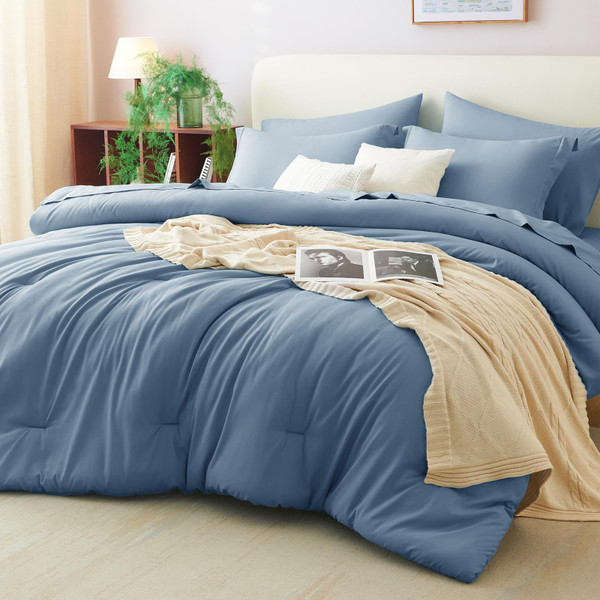 CozyLux King Size Comforter Set Grayish Blue, 7 Pieces Bed in a Bag King Comforter Set with Sheets, Bedding Set with Down Alternative Comforter, Fitted Sheets, Flat Sheets, Pillow Shams & Pillowcases
