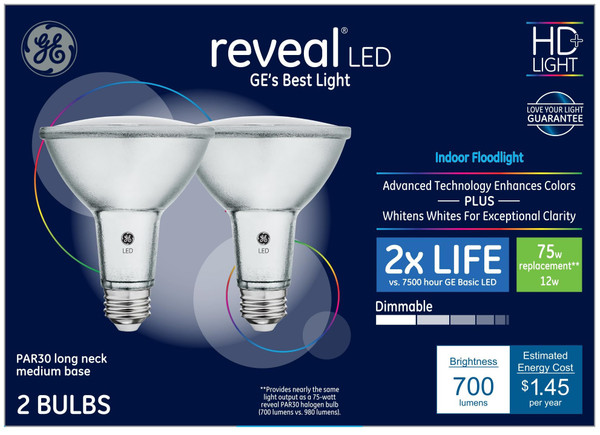 GE Reveal 2-Pack 75 W Equivalent Dimmable Flood Color-Enhancing Par30 Longneck LED Light Fixture Light Bulbs GE Reveal 2-Pack 75 W Equivalent Dimmable Flood Color-Enhancing Par30 Longneck LED Light Fixture Light Bulbs