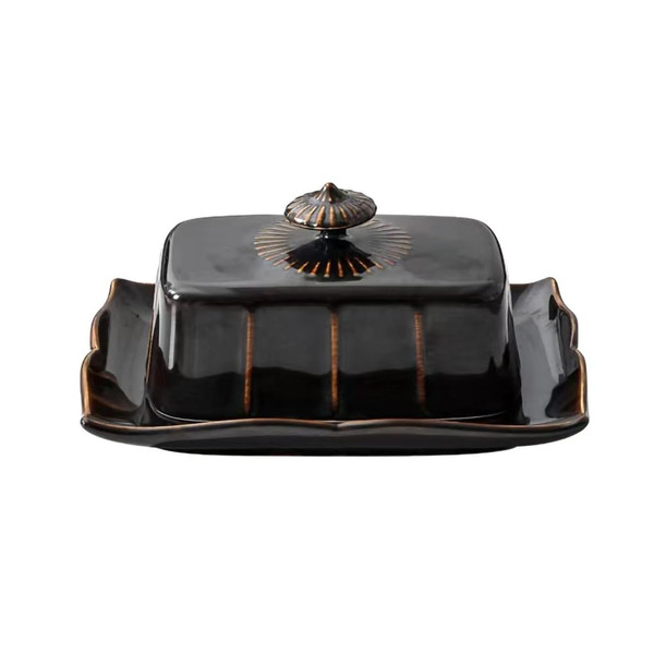 WAIT FLY Vintage Ceramic Butter Dish with Lid for Kitchen Countertop, Home Decorative-Black-1 PCS