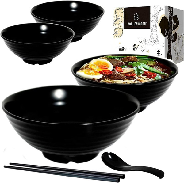 VALLENWOOD 4 Ramen Bowls, 12 pieces Pho set. All Black Asian Japanese soup. Utensil: Spoons And Chopsticks kit. Melamine. Large 37 oz. Noodles, Rice, Udon, Thai, Chinese, Korean, Wonton, Miso