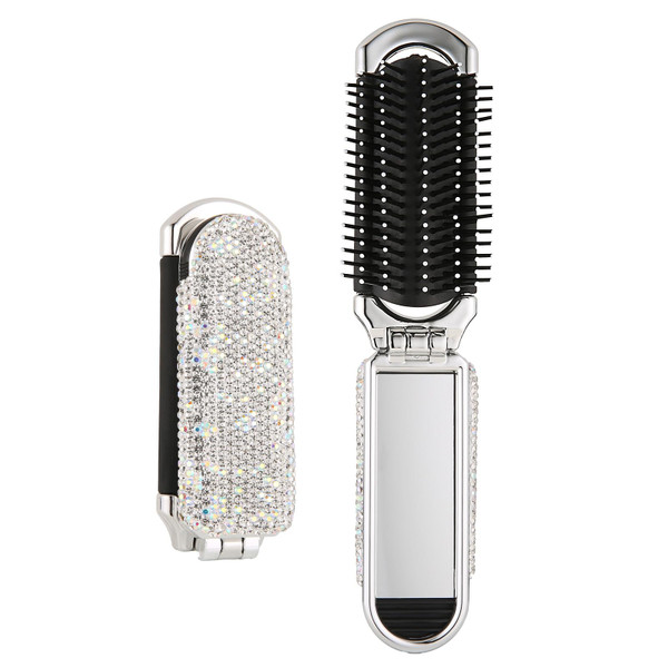 AsAlways Shiny Rhinestone Crystal Travel Hair Brush with Mirror Bling Diamonds Folding Hair Massage Comb Compact Portable Small Mini Hair Brush for Purse Wet & Dry Detangling(Silver)