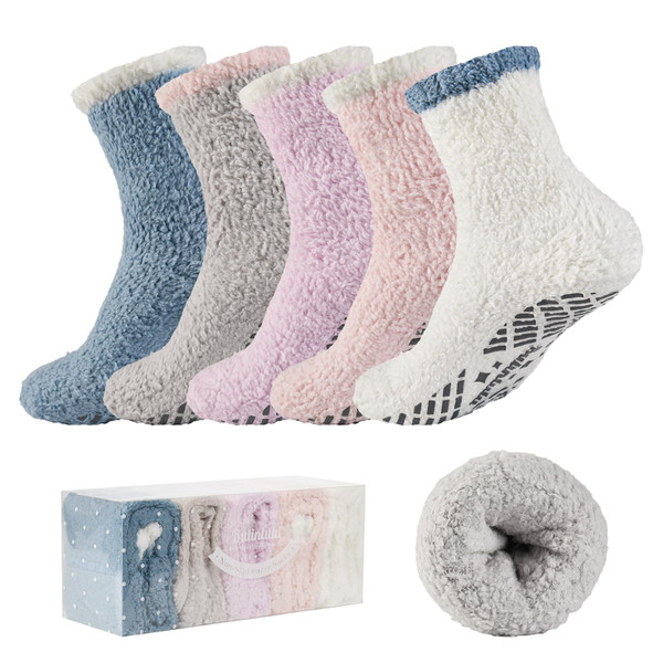 Bulinlulu Fuzzy Socks with Grips for Women 5-Pairs Non Slip Sleep Warm Fluffy Slipper Socks with Grippers for Women(Blue+Grey+Purple+Pink+White)