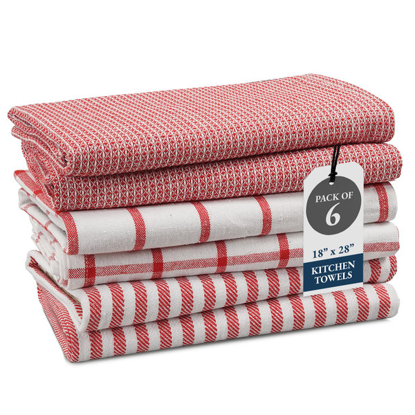 LANE LINEN 100% Cotton Kitchen Towels Set, 6-Pack – Premium, Absorbent, Quick-Drying Dish Towels, Tea Towels, 18" x 28" - Red