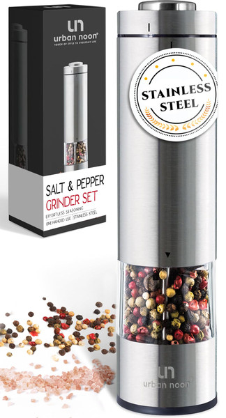Electric Salt and Pepper Grinder - Battery Operated Stainless Steel Pepper Mill with Light - Automatic One Handed Operation - Electronic Adjustable Shaker - Ceramic Grinder