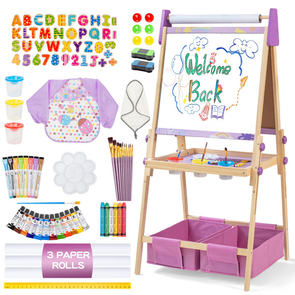 3-in-1 Adjustable Kids Art Easel Set, Height Adjustable Magnetic Whiteboard & Chalkboard with Painting Paper Roll, Wooden Dual-Sided Art Station for Toddlers & Children Ages 3+, Art Supplies Included
