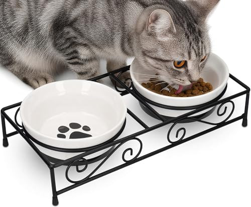 Navaris Ceramic Pet Bowl Set - Food Water Bowls for Cats, Small Dogs and Puppies with Non-Slip Retro Metal Stand - Set of Bowls, 10.8 oz Each