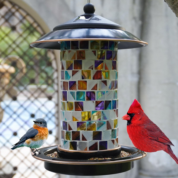 elfonsol Solar Bird Feeder for Outdoor Hanging - Small Bird Seedes Feeder with Mosaic Stained Glass for Cardinals and Finches - Garden Decor Gift for Parents and Lover (1.5lbs Capacity, Sunset)