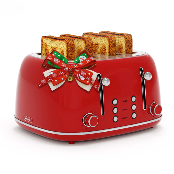 Toaster 4 Slice, Retro Stainless with 6 Bread Shade Settings,1.5''Wide Slots Toaster with Cancel/Defrost/Reheat,Dual Independent Control Panel(Red)