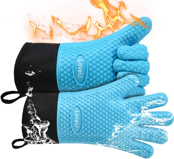 Loveuing Kitchen Oven Gloves - Dual-Layer Heat Resistant Grilling Gloves, Silicone Oven Mitts with 5 Fingers, Waterproof Non-Slip Pot Holder for Barbecue, Cooking, Baking (Blue, Long)