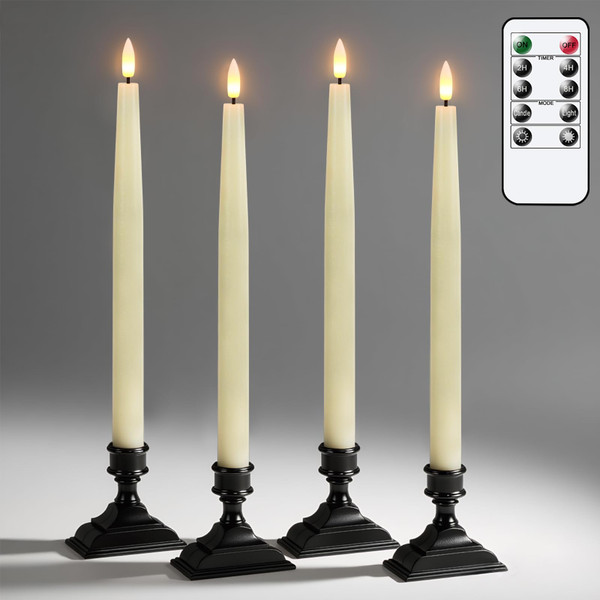 KunSwenn Christmas Window Candles, 12.6 Inches Christmas Battery Operated Window Candles with Remote Timer and Black Holder, 4 Pcs Ivory LED Flameless Taper Candlesticks for Xmas Home Holiday Decor