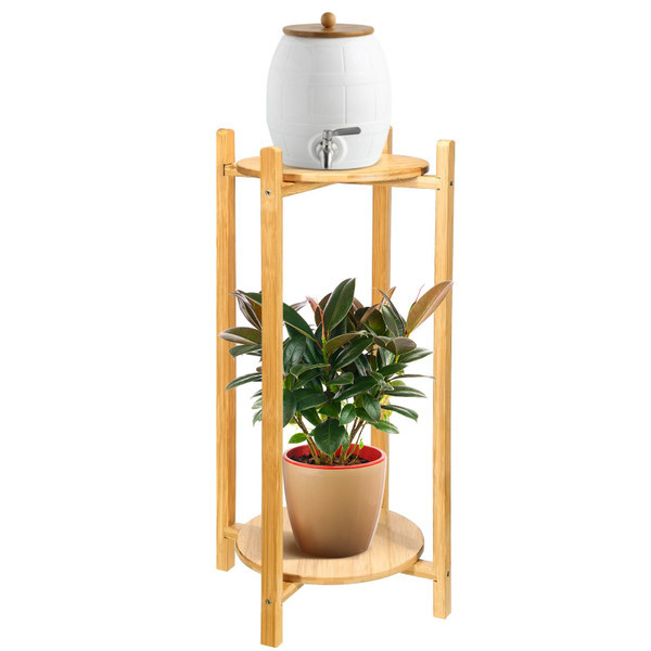 DoubleFill Water Dispenser Stand Floor Stand Water Jug Stand with 2 Round Shelfs 26'' Natural Wood Stand for 1-5 Water Bottles, Crocks, Jug, Plant, Easy Assembly with Included Hardware(Wood Color)