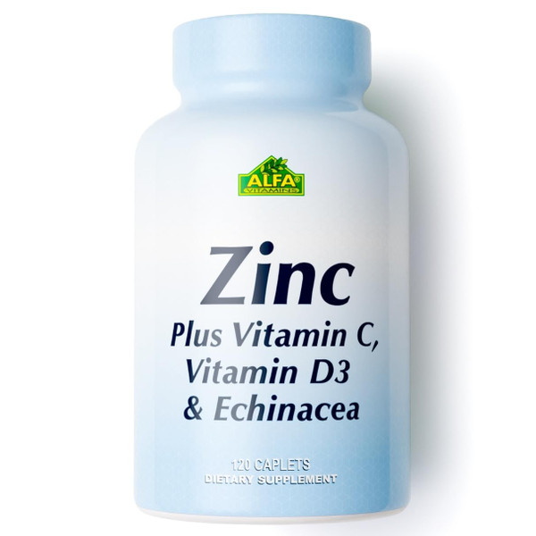 ALFA VITAMINS Zinc + Vitamin C, D3 & Echinacea Supplements, Immune Support Formula with Enhanced Absorption, Supports Bone Health, Immune Function, and Antioxidant Protection, 120 Caplets ALFA VITAMINS Zinc + Vitamin C, D3 & Echinacea Supplements, Immune Support Formula with Enhanced Absorption, Supports Bone Health, Immune Function, and Antioxidant Protection, 120 Caplets