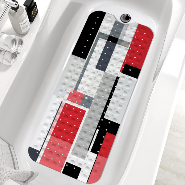 KINUUIS Red Black Bath Tub Mat Non Slip, Modern Geometric Large Washable Shower Mats with Drain Holes and Suction Cups,40 X 16 Inch