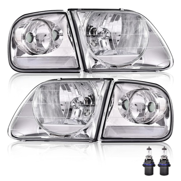 CHEDA Headlights Assembly, Compatible with 1997-2003 Ford F150 Pickup/97-02 Ford Expedition (Clear Lens Chrome Housing Clear Reflector) Headlamp Faros Conjunto De Faros