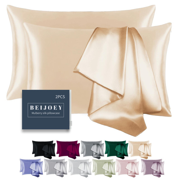 BEIJOEY 100% Mulberry Silk Pillowcase 2 Pack for Hair and Skin,with Hidden Zipper,Both Sides 19 Momme 600 Thread Count Natural Silk Pillow Cover,Soft Breathable Smooth (Buff Beige, Standard 20''x26'')