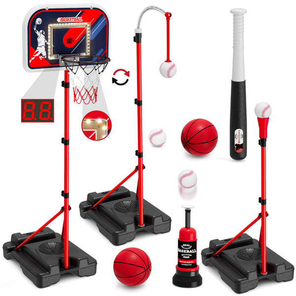 HYES 4 in 1 Kids Basketball Hoop and Tball Set 3-5, Basketball Goal with Scoreboard&LED, Hanging Tee Ball Stand with Baseball Pitching Machine, Indoor Outdoor Sport Toys for Boys 4-8