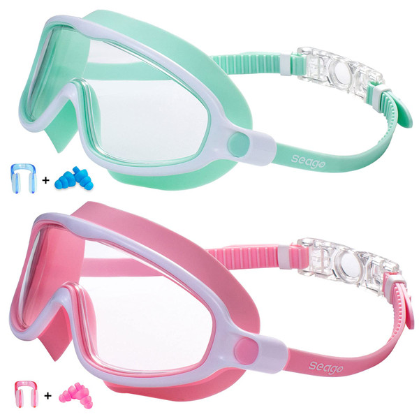 Seago Swim Goggles 2 Pack Anti-Fog Anti-UV Wide View Swimming Goggles for Kids 3-14