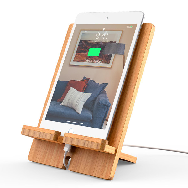 Pezin & Hulin Bamboo Tablet Stand Adjustable, Desktop Cell Phone Stand Holder Dock Compatible with Pad 9.7, 10.5, 12.9, Air 2 3 4 Mini, E-Reader, Phone 8 Plus X XS Max XR (Support to 4.7-13" Devices)