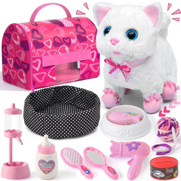 Golray Cat Toys for Kids Girls Gift, Electronic Interactive Plush Toy Cat Can Walk and Meow - 16 Pcs Carrier & Pet Groom Feed Care Pretend Play Set, Birthday Gift for Toddler Little Girl 3 4 5 6 7 8 9