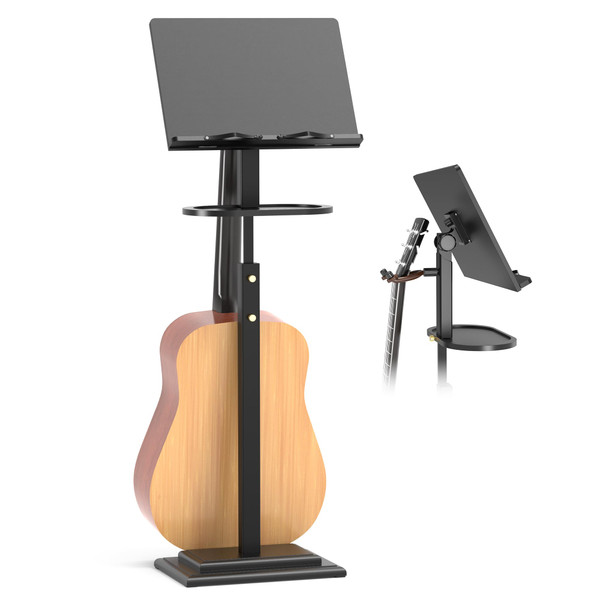 Music Stand for Sheet Music-Bamboo Black Folding Sheet Music Stands with Tray Guitar Clip,Wooden Music Stand Adjustable 39.37 "-51.2" for Conductor Lectern Guitar Violin Piano Ukulele Players