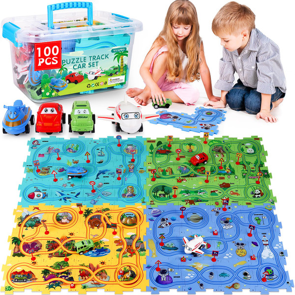 VESPRO 100PCS Kids Car Track Set - 4 Series Toddler Puzzle Racer Play Set, Educational Toys for Boys and Girls Ages 3+