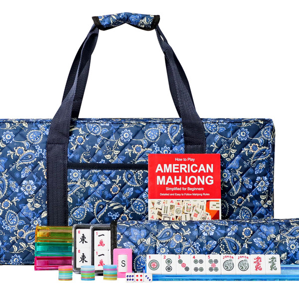 Jongyance American Mahjong Set with Blue Carrying Bag, 166 White Tiles, 4 All-in-One Rack/Pushers, Mahjong Tiles Set (Ma Jong, Mah-Jongg, Majiang)